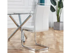 Silla de respaldo alto en polipiel sintética y terciopelo, estructura de metal cromado, juego de 4, color blanco (97 x 51 x 47 cm)