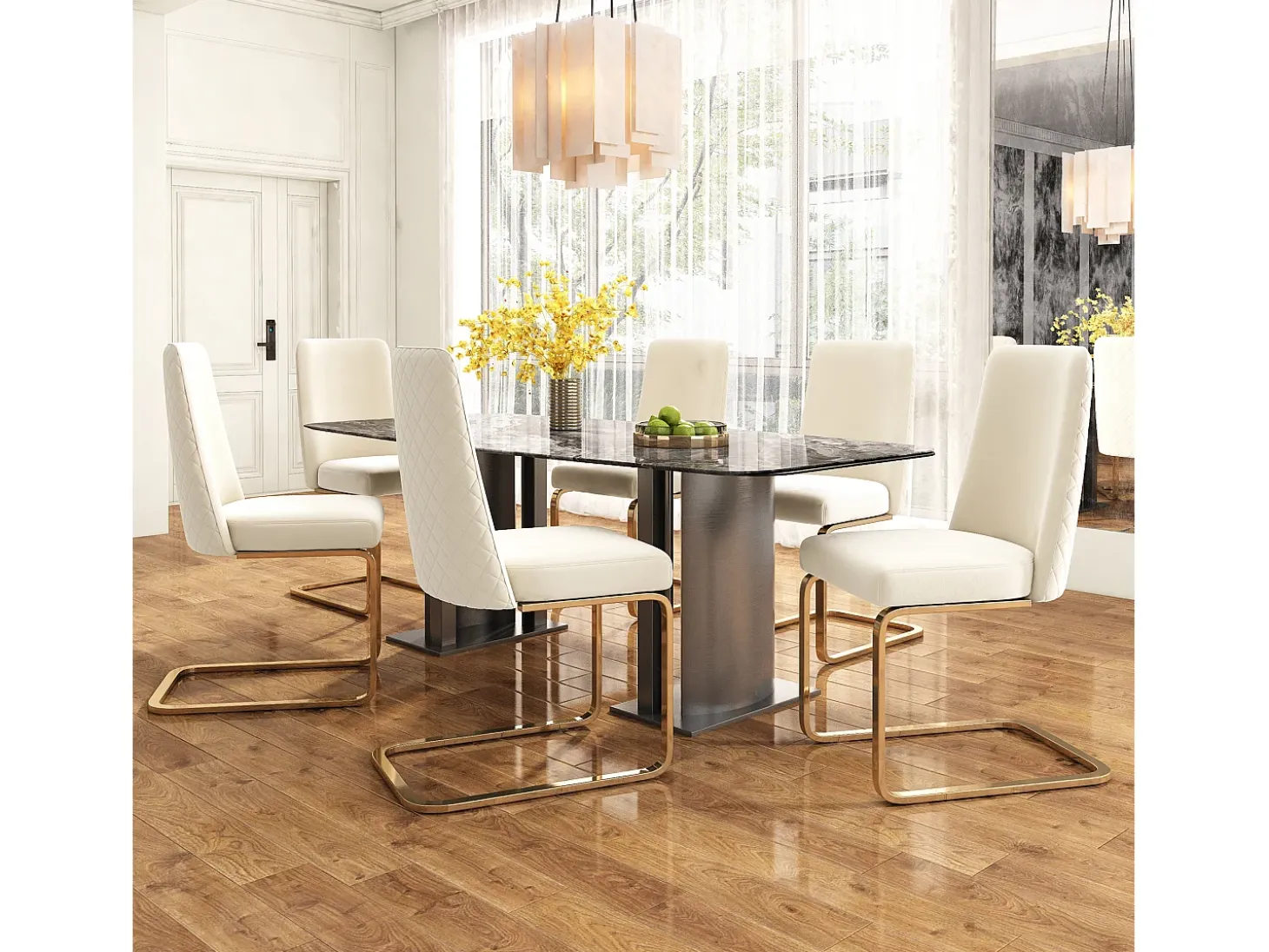 Silla de terciopelo, 2 piezas, diseño de diamante, metal dorado, beige (47x63x85 cm)