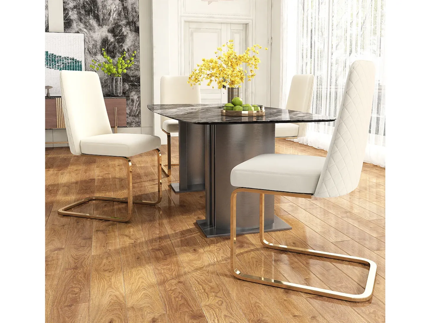 Silla de terciopelo, 2 piezas, diseño de diamante, metal dorado, beige (47x63x85 cm)
