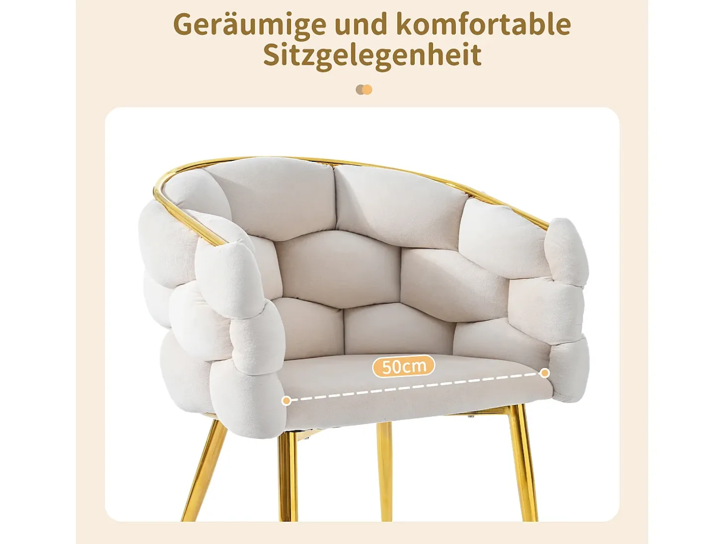 Silla de terciopelo beige y metal dorado con patas ajustables
