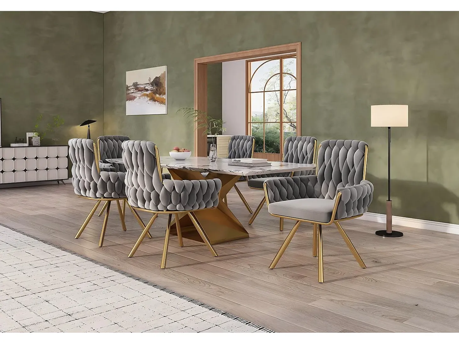 Silla de terciopelo giratorio de 6 piezas, con reposabrazos y pies de metal, respaldo espacioso, gris, 63x50x87cm