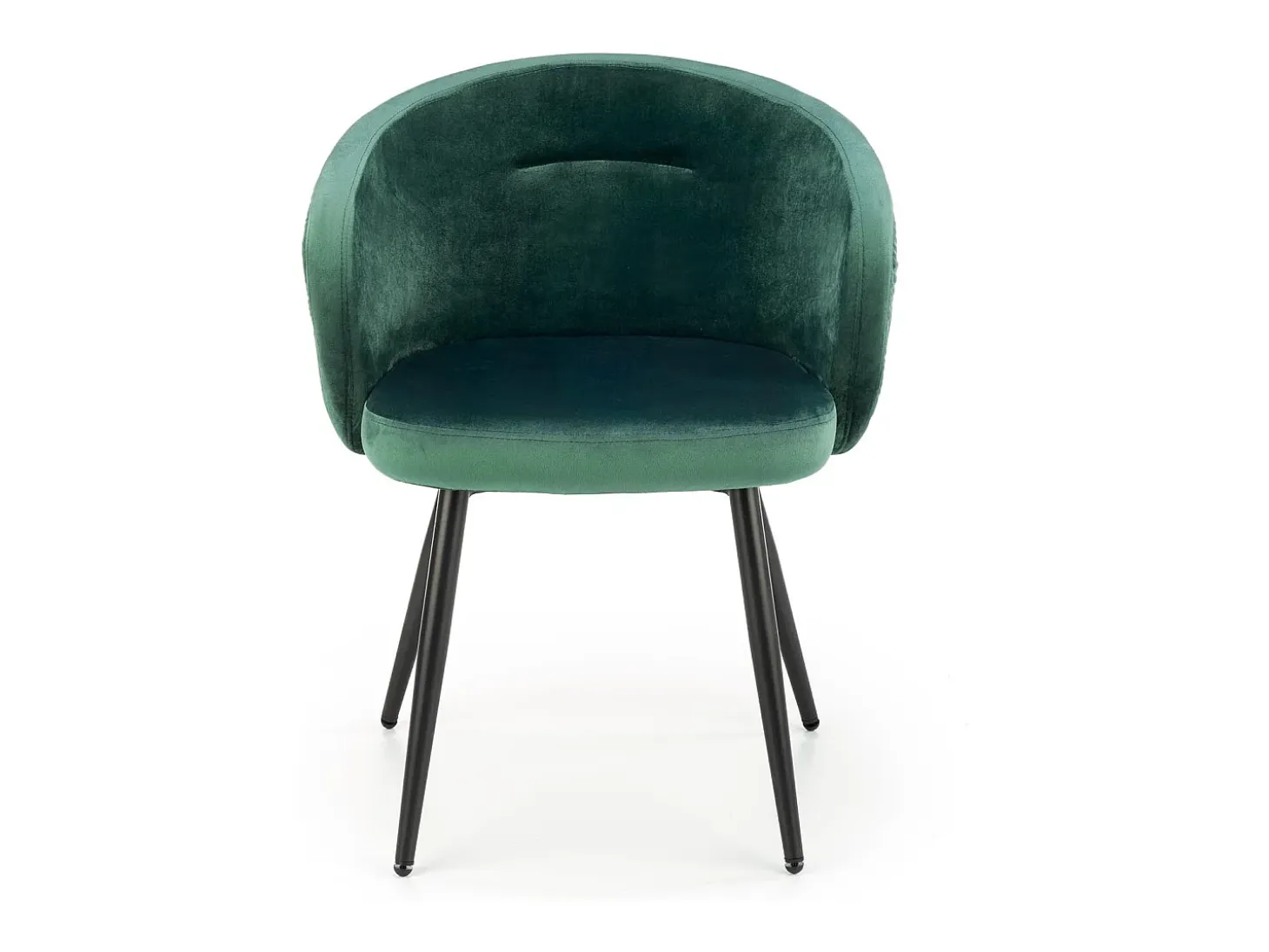 Silla de terciopelo verde con respaldo redondeado y patas de metal negro ERIKA