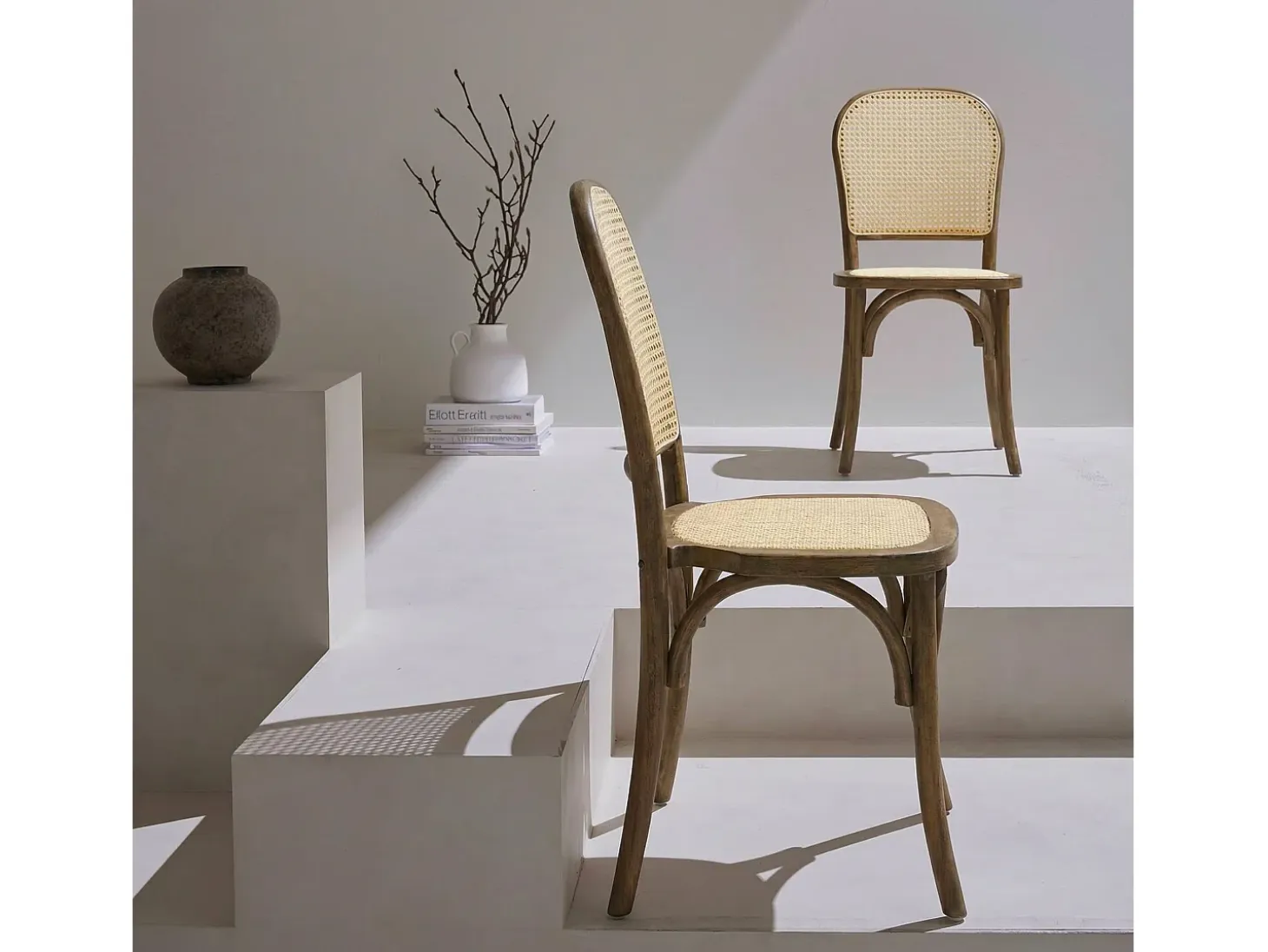 Silla efecto vintage de madera y ratán, set de 2 marrón viejo