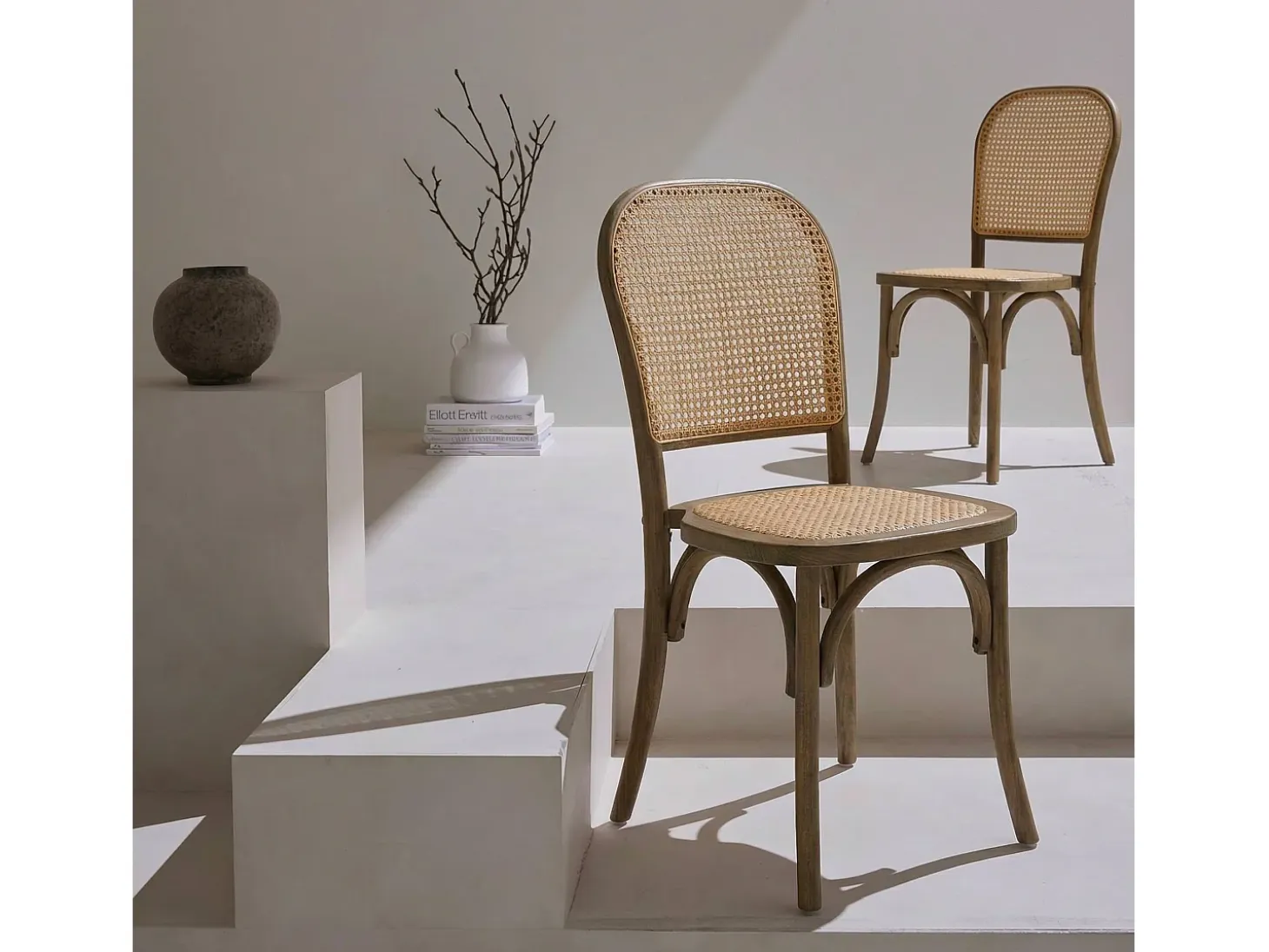 Silla efecto vintage de madera y ratán, set de 2 marrón viejo