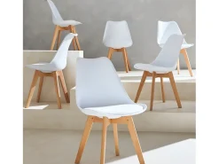 Silla escandinava con patas de madera de haya, set de 6 blanco