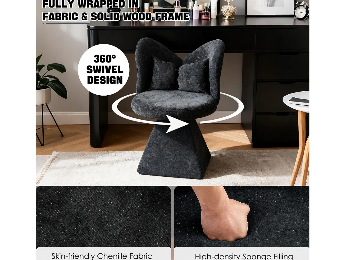 Silla giratoria con respaldo en forma de mariposa y soporte lumbar - Tela negra