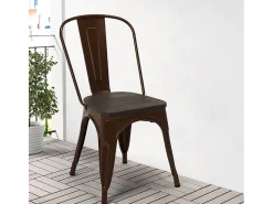 Silla industrial Kontoir de acero blanco brillante con asiento de pino macizo oscuro-Marrón