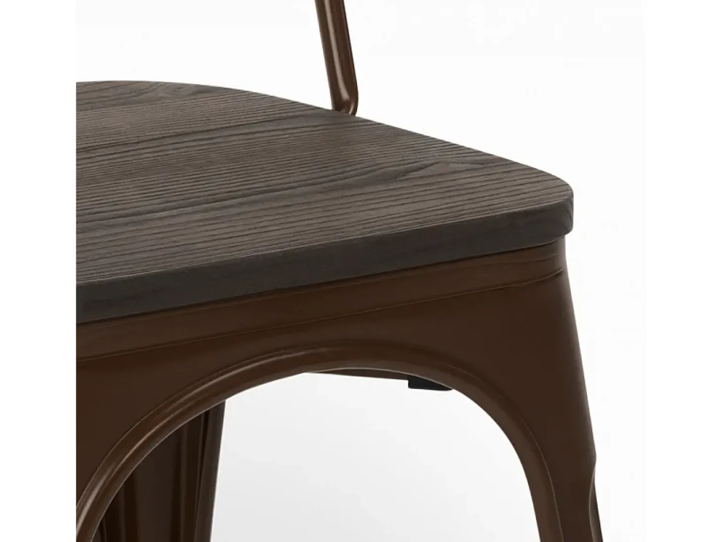 Silla industrial Kontoir de acero blanco brillante con asiento de pino macizo oscuro-Marrón