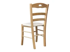 Silla Loris de madera natural con asiento tapizado en símil piel color beige
