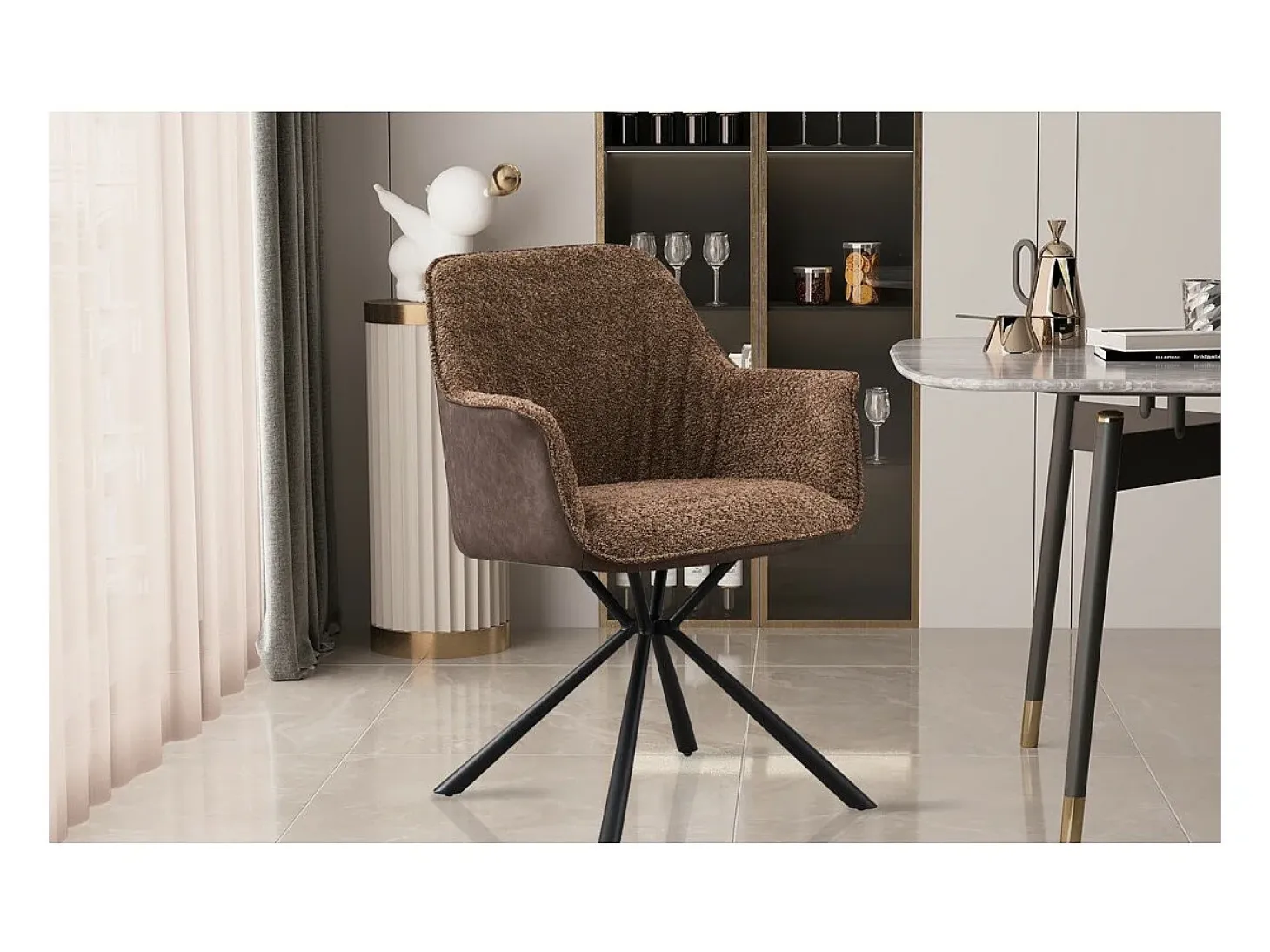 Silla LUCIA – Bouclé Arena & Respaldo PU Marrón – H82.5 × L62 × P63 cm – Estilo diseño