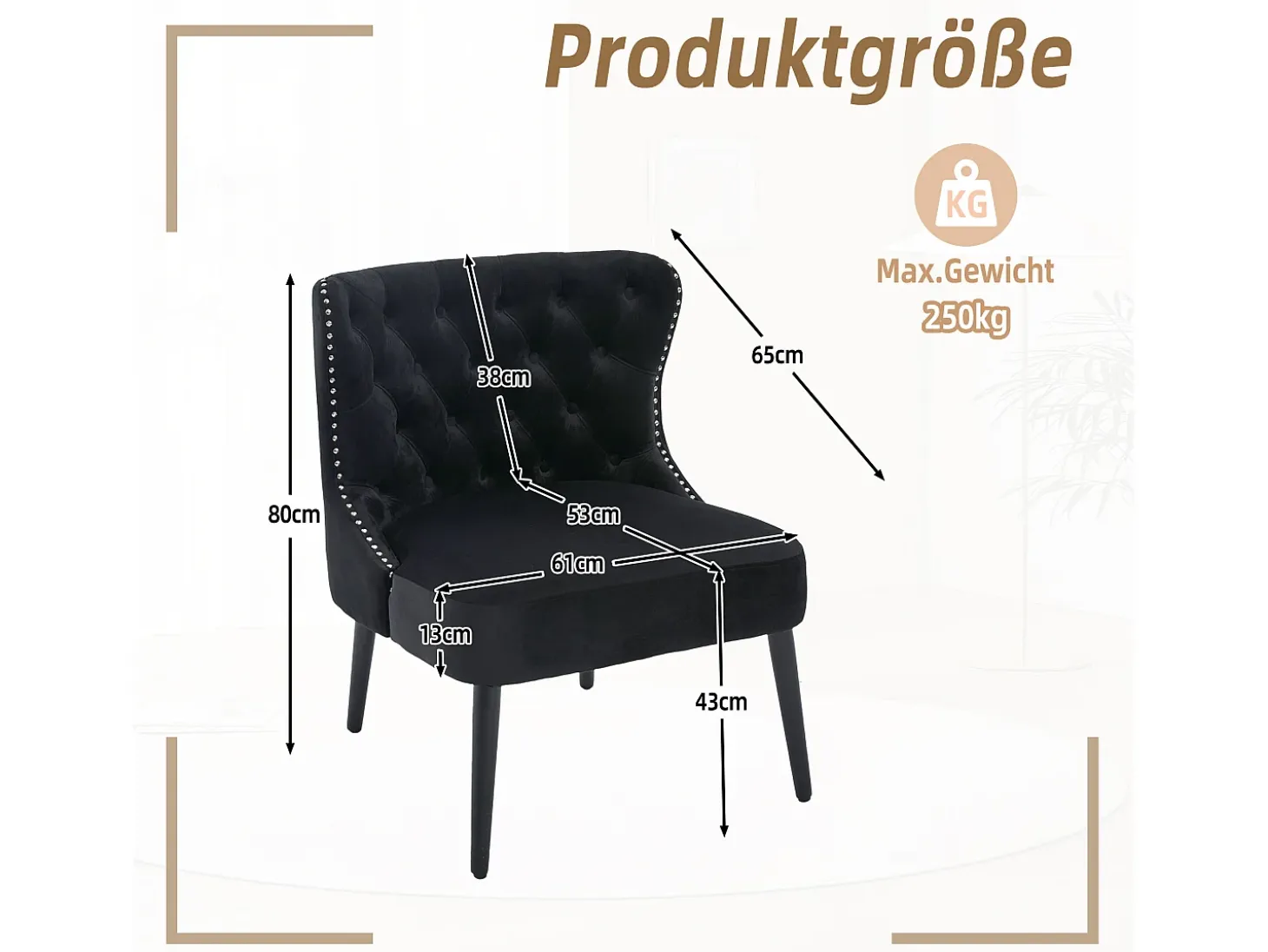 Silla negra - Silla con acabado remachado y patas de madera maciza - terciopelo
