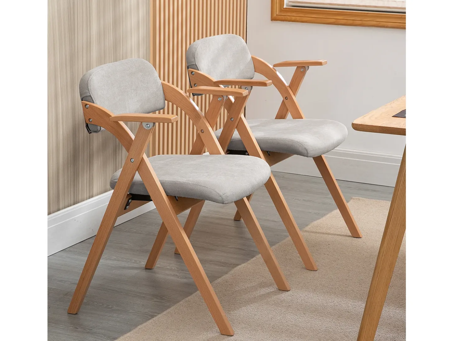 Silla plegable con reposabrazos, asiento acolchado, madera maciza, apilable, gris (52,5x60x79 cm)