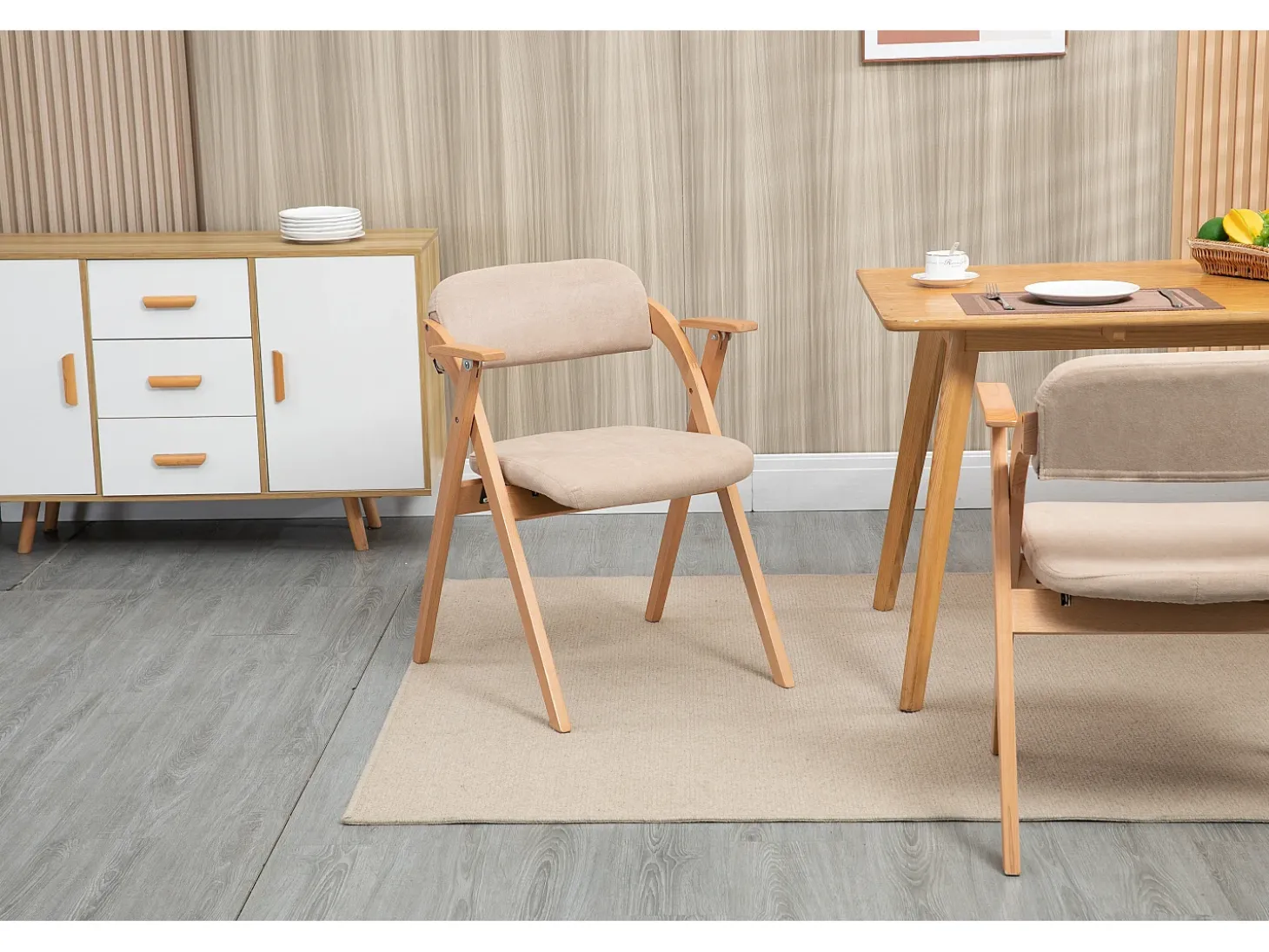 Silla plegable de diseño con reposabrazos, asiento acolchado, madera de haya, color caqui (52,5x60x79 cm)