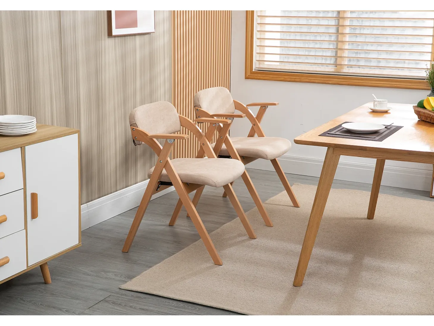 Silla plegable de diseño con reposabrazos, asiento acolchado, madera de haya, color caqui (52,5x60x79 cm)