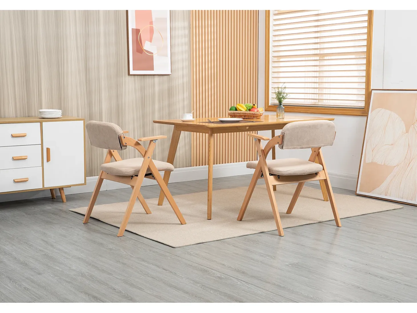 Silla plegable de diseño con reposabrazos, asiento acolchado, madera de haya, color caqui (52,5x60x79 cm)