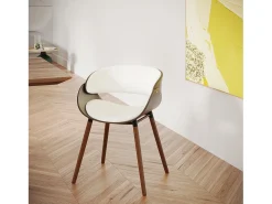 Silla Polo blanca de cuero sintético y madera chapada en nogal