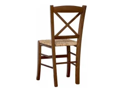 Silla rústica de madera en cruz de nogal oscuro con asiento de paja de arroz