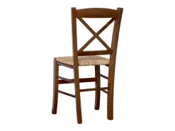 Silla rústica de madera en cruz de nogal oscuro con asiento de paja de arroz