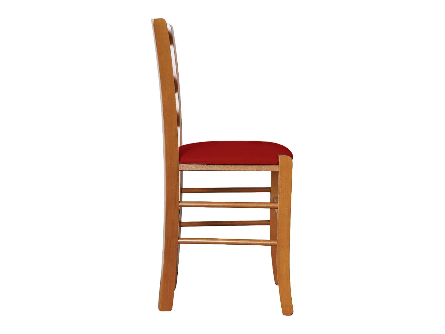 Silla veneciana de madera de cerezo con asiento acolchado de piel sintética roja.