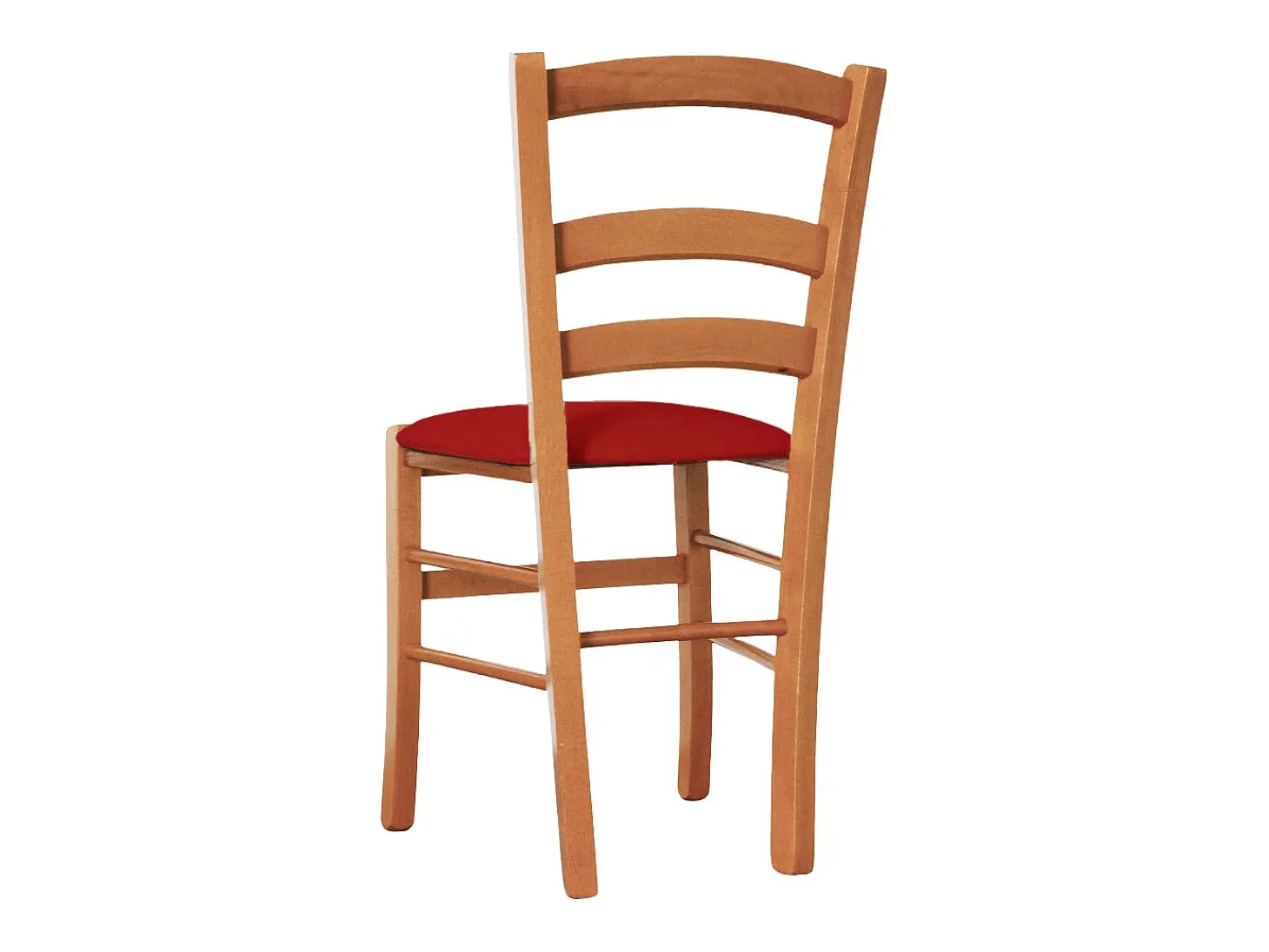 Silla veneciana de madera de cerezo con asiento acolchado de piel sintética roja.