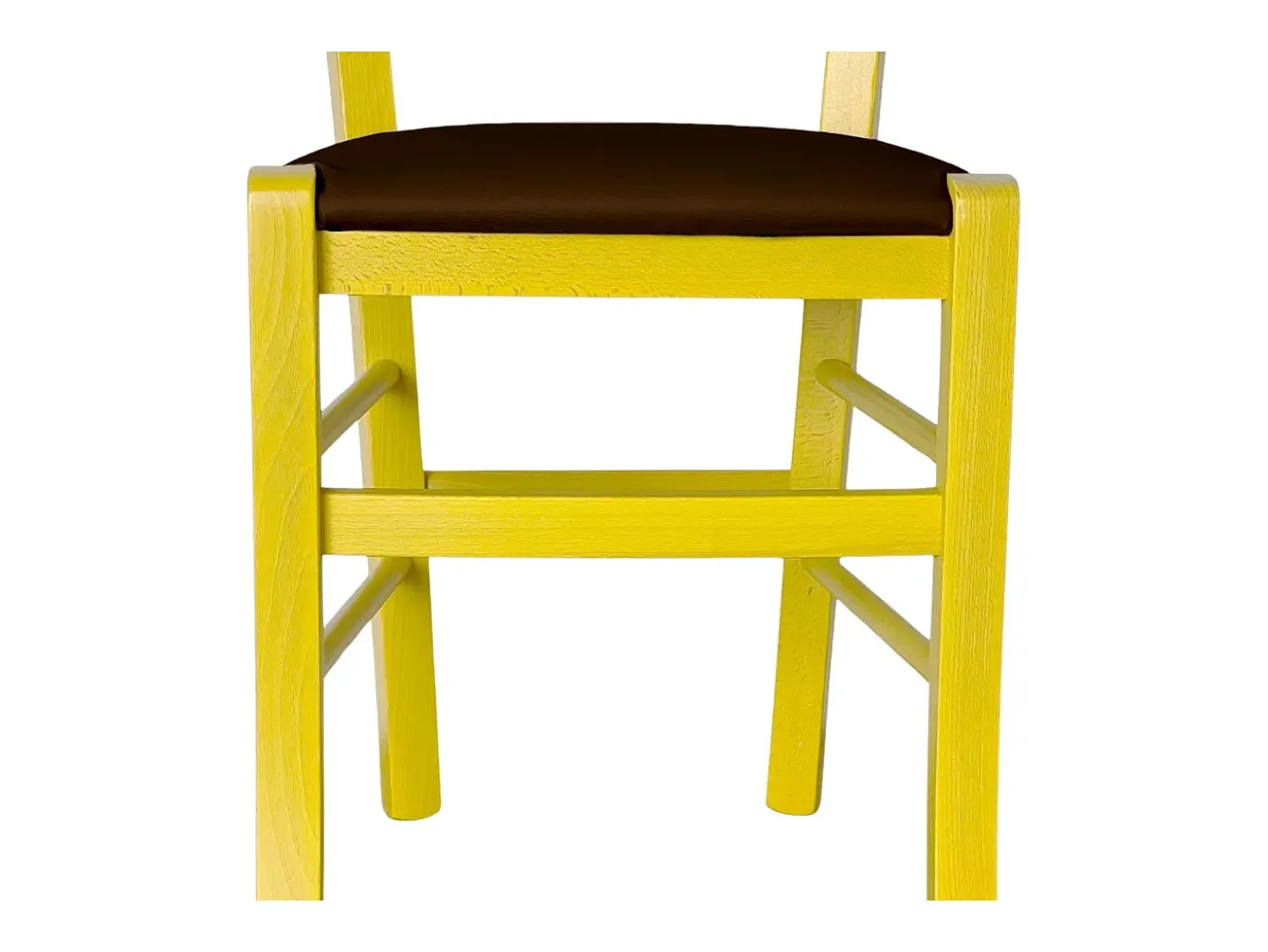 Silla veneciana de madera amarilla con asiento de piel sintética marrón