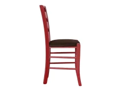 Silla veneciana roja de madera con asiento de piel sintética marrón