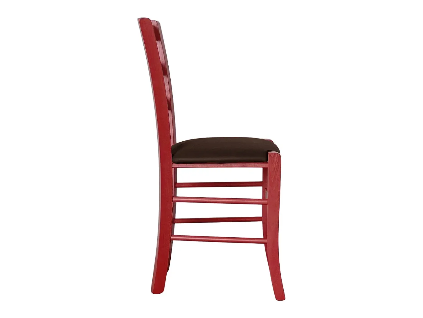 Silla veneciana roja de madera con asiento de piel sintética marrón
