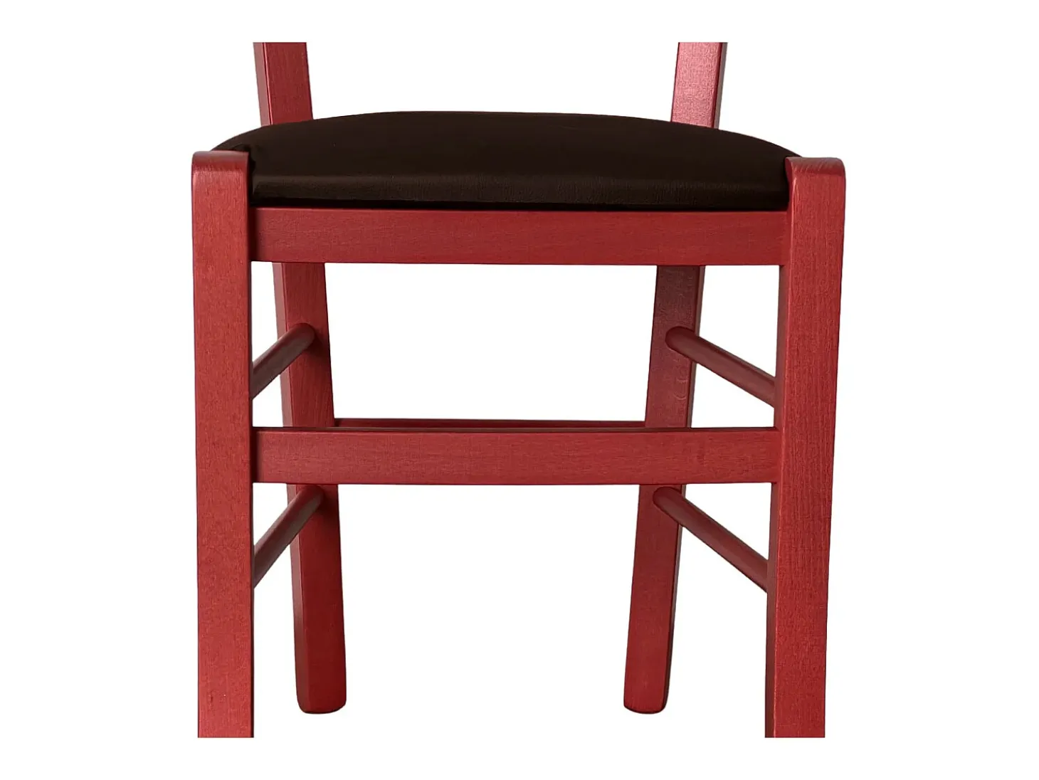 Silla veneciana roja de madera con asiento de piel sintética marrón