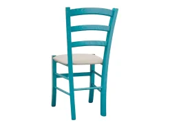 Silla Venezia de madera turquesa con asiento de piel sintética beige