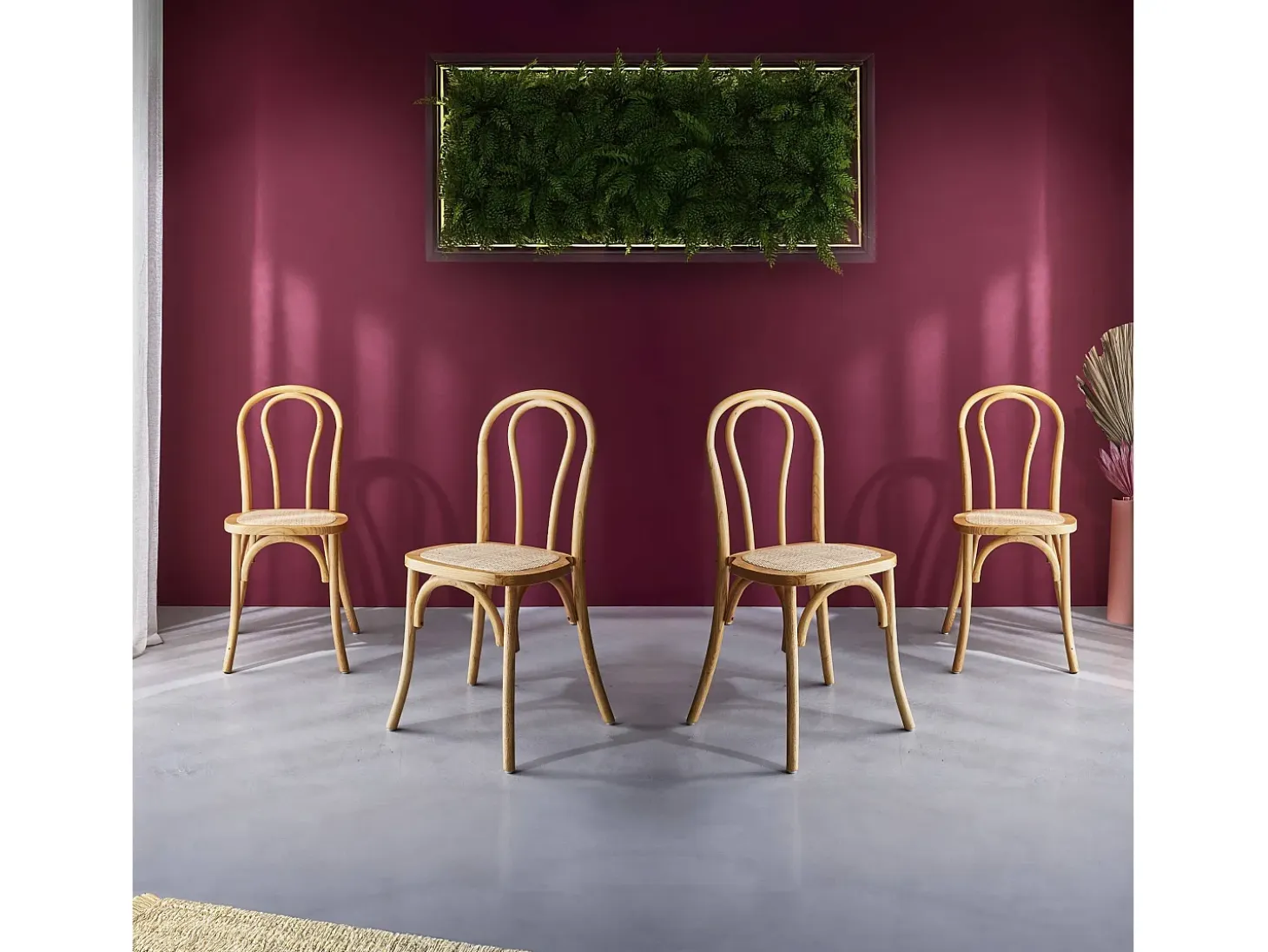 Silla vintage de madera y ratán, set de 4 natural
