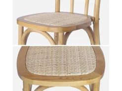 Silla vintage de madera y ratán, set de 4 natural