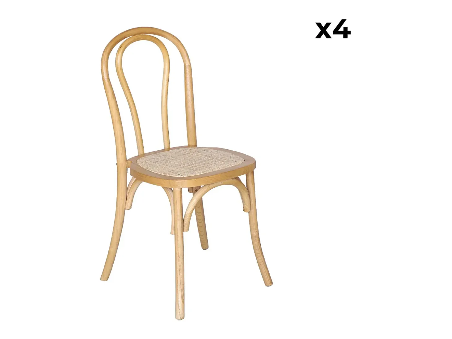 Silla vintage de madera y ratán, set de 4 natural