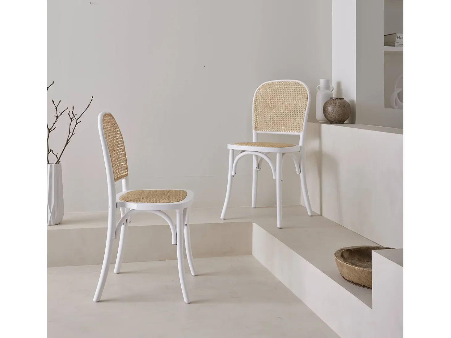 Silla vintage de madera y ratán, set de 2 blanco