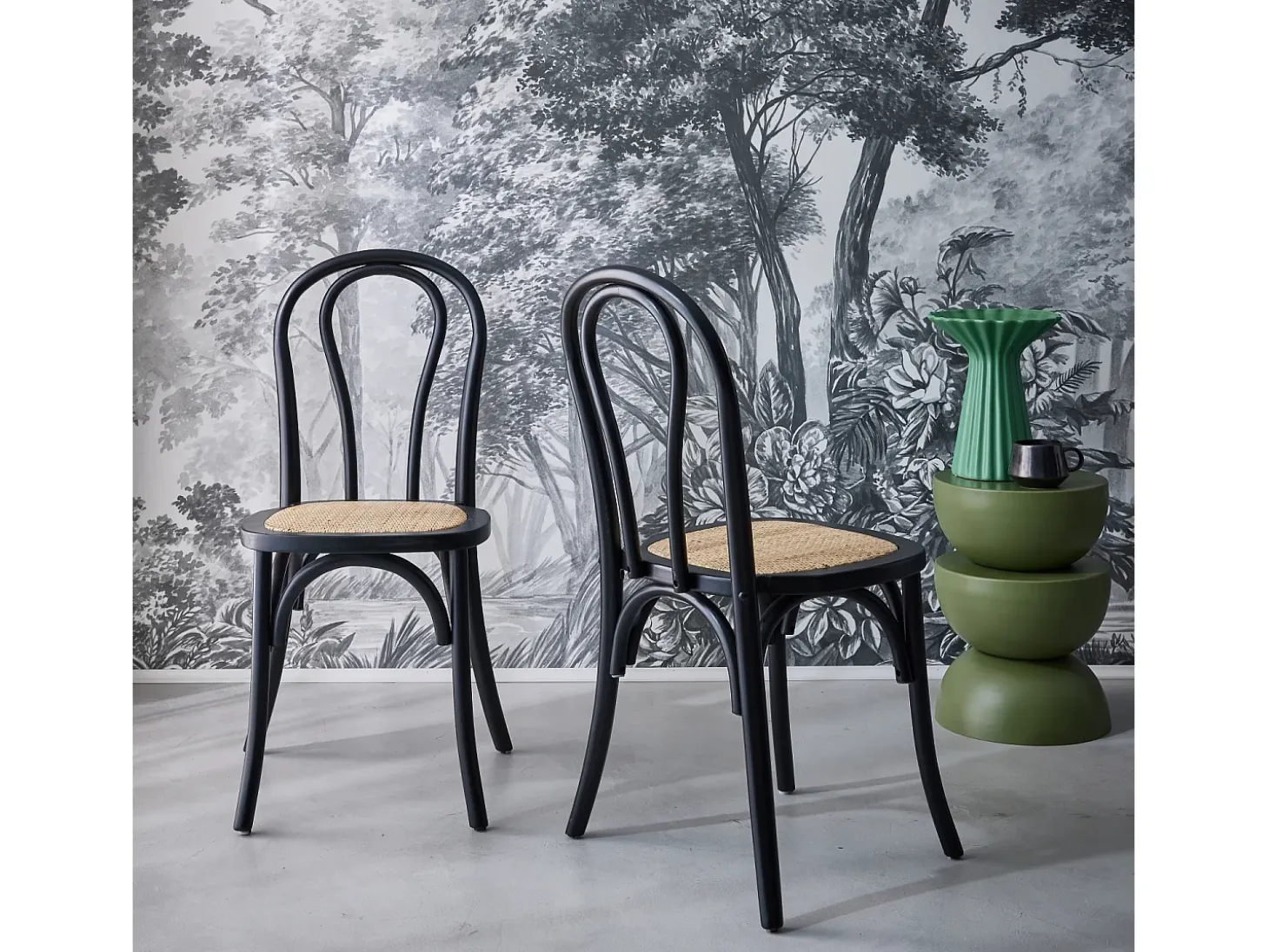Silla vintage de madera y ratán, set de 2 negro