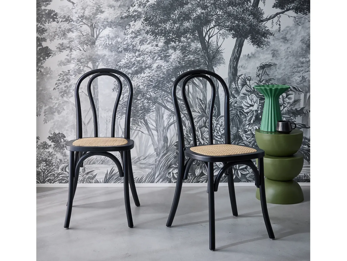 Silla vintage de madera y ratán, set de 2 negro