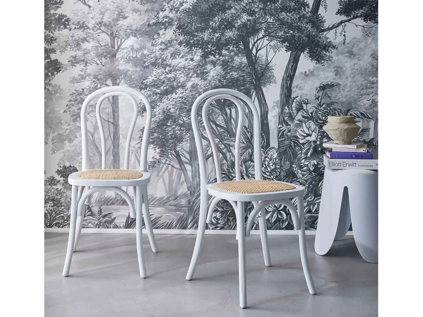 Silla vintage de madera y ratán, set de 2 blanco