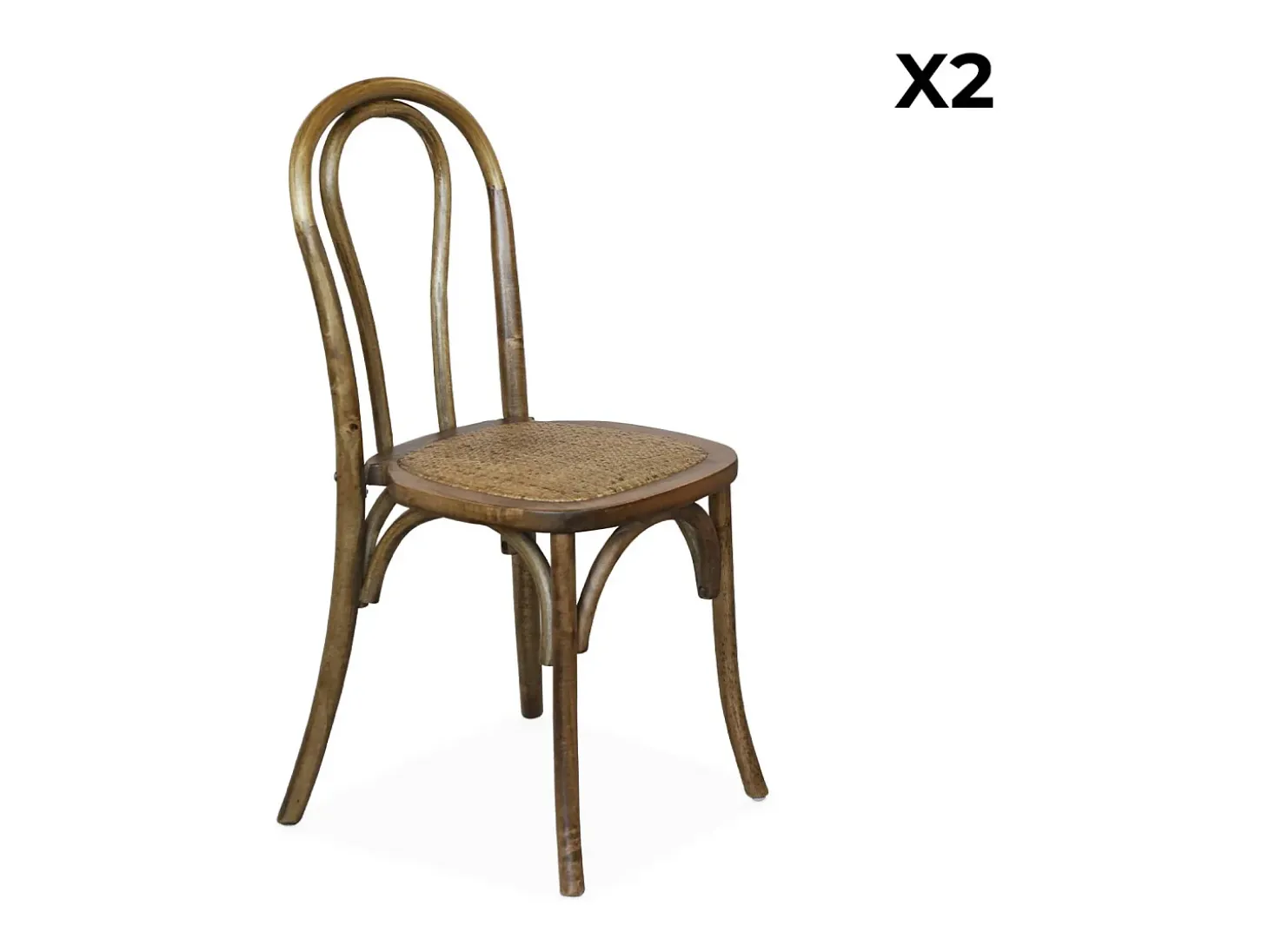 Silla vintage de madera y ratán, set de 2 marrón viejo