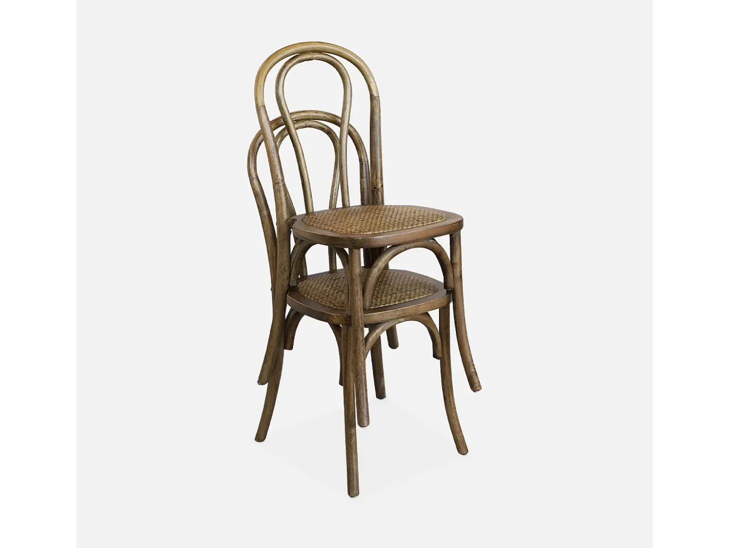 Silla vintage de madera y ratán, set de 2 marrón viejo