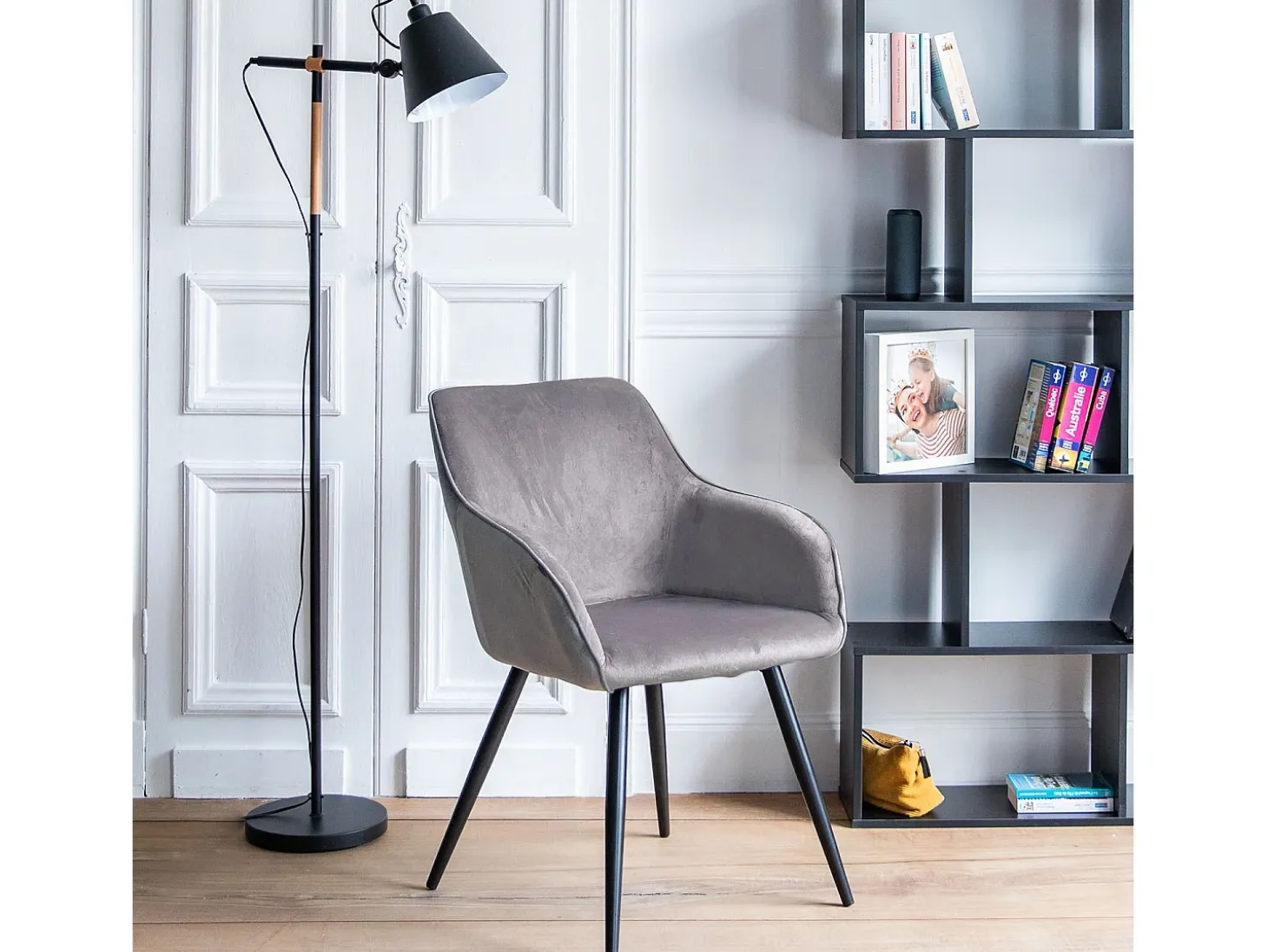 Silla vintage de terciopelo gris GISELE - HAPPY GARDEN