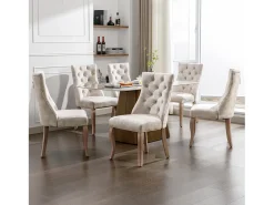 Sillas de comedor (4 piezas), Silla de terciopelo beige, Respaldo alto con capitoné, Patas de madera maciza, (45x40x86 cm)