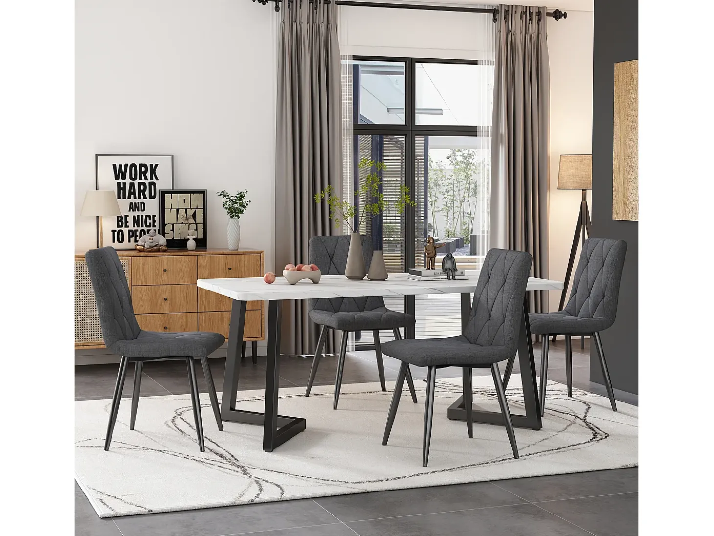 Sillas de comedor (4 piezas), lino gris oscuro, patas de metal negro, respaldo de arpillera (45x40x86 cm)