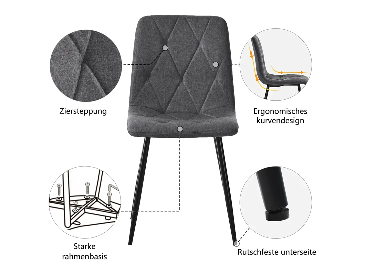 Sillas de comedor (4 piezas), lino gris oscuro, patas de metal negro, respaldo de arpillera (45x40x86 cm)