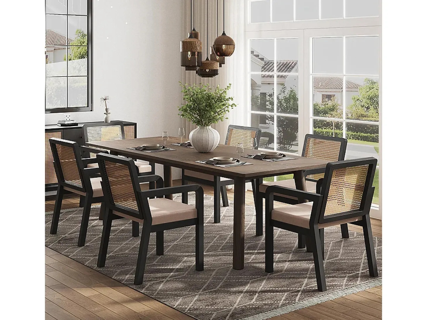 Sillas de comedor (6 unidades), tapizadas en terciopelo, diseño ergonómico, respaldo de ratán trenzado, patas de madera de caucho, color negro