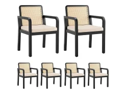 Sillas de comedor (6 unidades), tapizadas en terciopelo, diseño ergonómico, respaldo de ratán trenzado, patas de madera de caucho, color negro