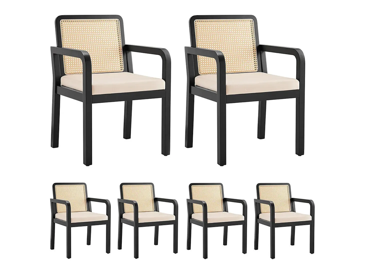 Sillas de comedor (6 unidades), tapizadas en terciopelo, diseño ergonómico, respaldo de ratán trenzado, patas de madera de caucho, color negro