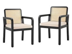 Sillas de comedor (2 unidades), tapizadas en terciopelo, diseño ergonómico, respaldo de ratán trenzado, patas de madera de caucho, color negro