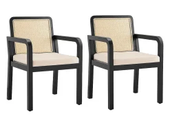 Sillas de comedor (2 unidades), tapizadas en terciopelo, diseño ergonómico, respaldo de ratán trenzado, patas de madera de caucho, color negro