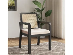 Sillas de comedor (2 unidades), tapizadas en terciopelo, diseño ergonómico, respaldo de ratán trenzado, patas de madera de caucho, color negro