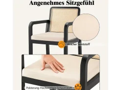 Sillas de comedor (2 unidades), tapizadas en terciopelo, diseño ergonómico, respaldo de ratán trenzado, patas de madera de caucho, color negro