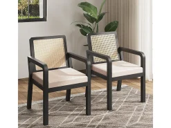 Sillas de comedor (4 unidades), tapizadas en terciopelo, diseño ergonómico, respaldo de ratán trenzado, patas de madera de caucho, color negro